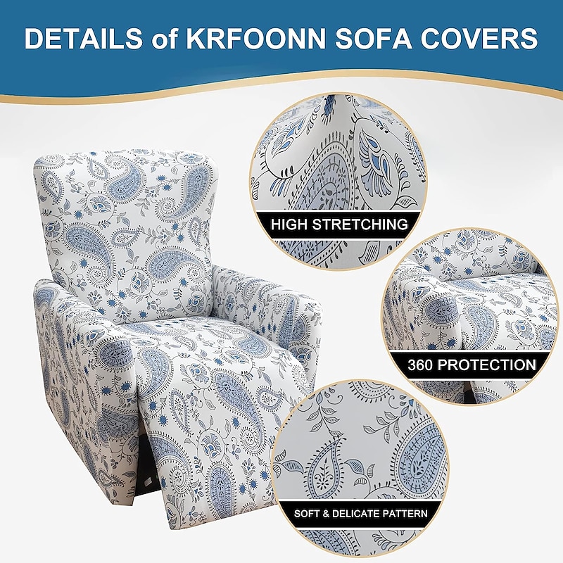 Reclining Couch Covers One Seat Recliner Chair Slipcovers Furniture Cover for Recliner Couch Cover Floral with Elastic Bottom(Include 1 Backrest Cover, 1 Seat Cover, 2 Armrest Cover)