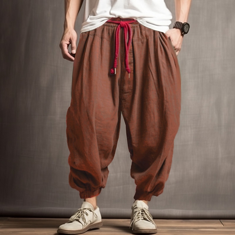 Men's Linen Pants Trousers Summer Pants Bloomers Drawstring Elastic Waist Drop Crotch Plain Comfort Soft Outdoor Daily Going out Fashion Casual Army Green Navy Blue4