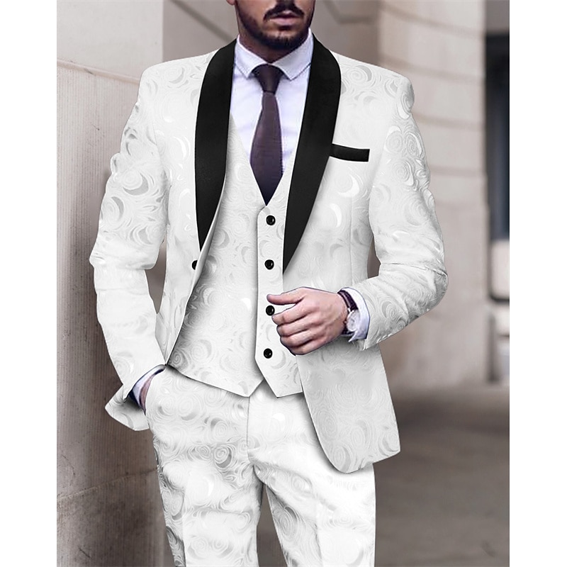 Men's Wedding Party Suits Shawl Collar Black White Patterned Tailored Fit 3 Piece Single Breasted One-button2