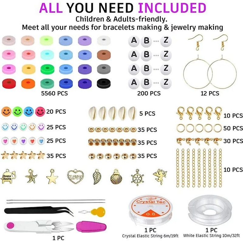 6000 Pcs Clay Beads for Bracelet Making, 24 Colors Flat Round Polymer Clay Beads 6mm Spacer Heishi Beads with Pendant Charms Kit and Elastic Strings for Jewelry Making Kit Bracelets Necklace2