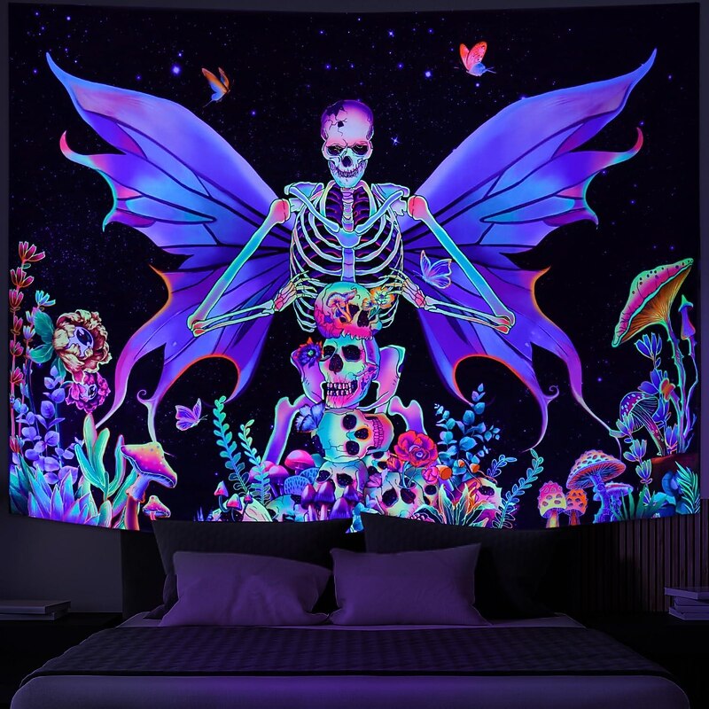 Halloween Skull Blacklight Tapestry UV Reactive Skeleton Butterfly Trippy Misty Mushroom Floral Hanging Tapestry Wall Art Mural for Living Room Bedroom Halloween Decorations