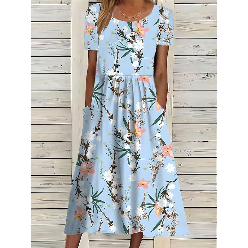 Women's Midi Dress Floral Pocket Print Crew Neck Daily Date Short Sleeve Summer Spring3