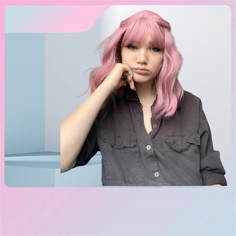 Pastel Wavy Wig With Air Bangs Women's Short Bob Purple Pink Curly Shoulder Length Bob Synthetic Daily Use Colorful Cosplay Wig for Girls Halloween Wigs4