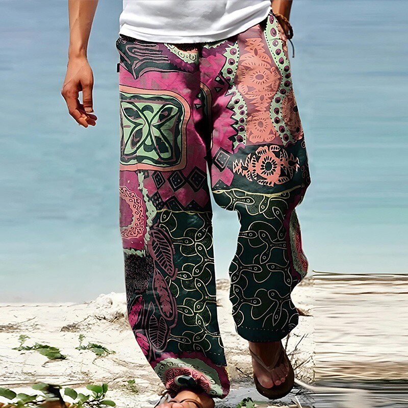 Men's Trousers Summer Pants Beach Pants Drawstring Elastic Waist 3D Print Graphic Prints Flower / Floral Comfort Casual Daily Holiday Streetwear Hawaiian Yellow Red3