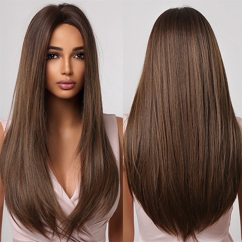 Brown Wigs for Women Long Straight Layered Synthetic Wig Natural Hair Middle Part