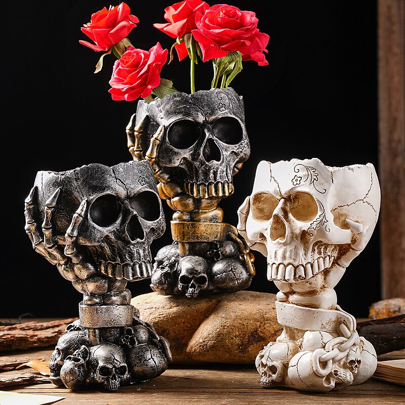 Halloween Skeleton Skull Head Flower Pot Nordic Modern Home Decoration Personalized Damaged Old Shackles Skull Head Resin Crafts Halloween Ghost Head Bone Gift Scene Decoration Photography Props 1PC