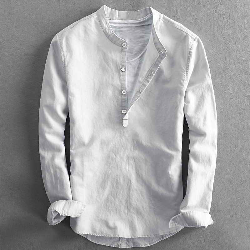 Men's Popover Shirt Summer Shirt Beach Wear Casual Shirt Band Collar Shirt Plain Vacation Casual Black White Pink Orange Long Sleeve Collar Spring & Summer Clothing Apparel3