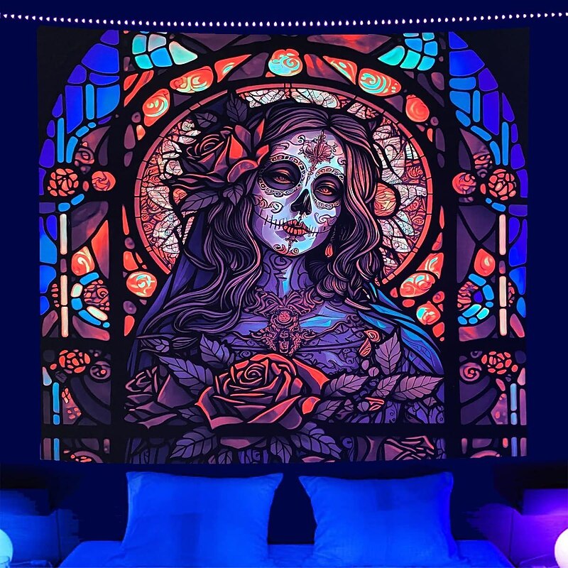 Halloween Skull Blacklight Tapestry UV Reactive Day of Dead Hanging Tapestry Wall Art Mural for Living Room Bedroom  Decorations