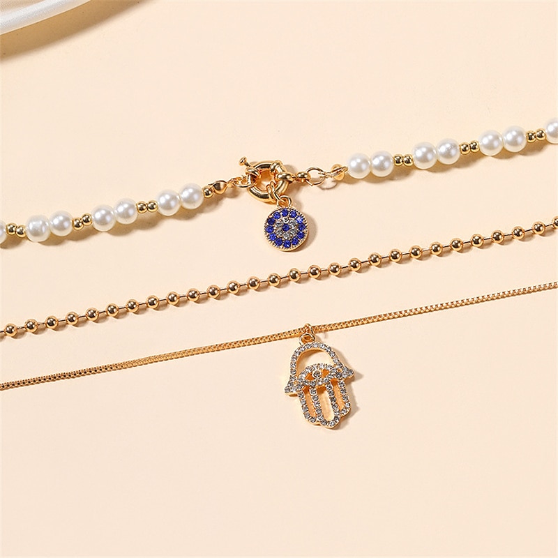 1PC Statement Necklace Layered Necklace For Women's Multicolor Party Evening Daily Birthday Party Crystal Imitation Pearl Alloy Eyes Hand4