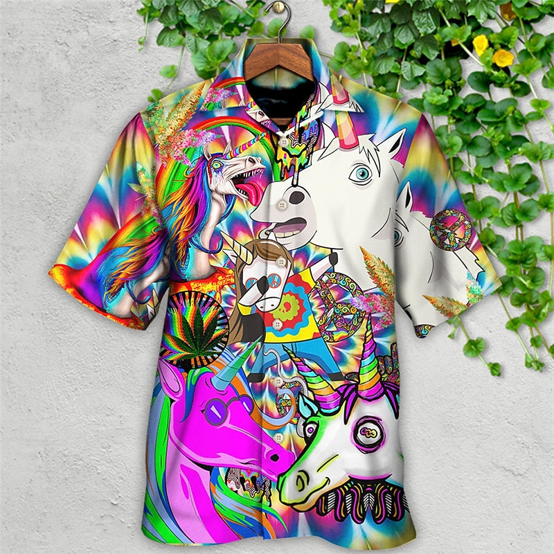 Men's Unicorn Shark Tropical Shirt Summer Hawaiian Shirt Aloha Shirt Short Sleeve Shirt Cuban Collar Sports Fashion Streetwear Outdoor Casual Holiday White Purple S M L