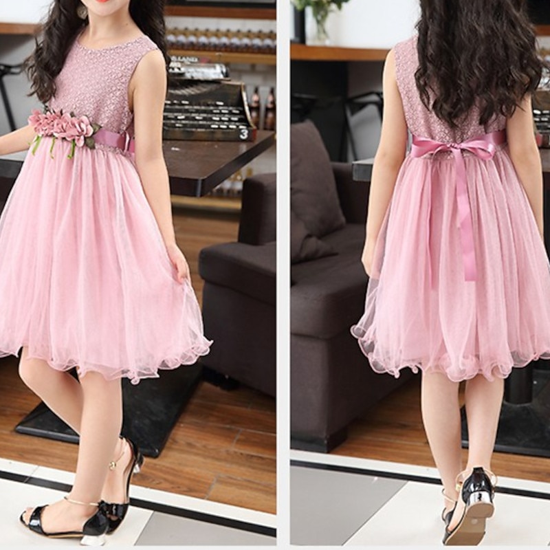 Flower Girl Dress Girls' Dress Party Dress Performance Wedding Party Active Fashion Heart Short Sleeve Crew Neck White Pink 3-7 Years2