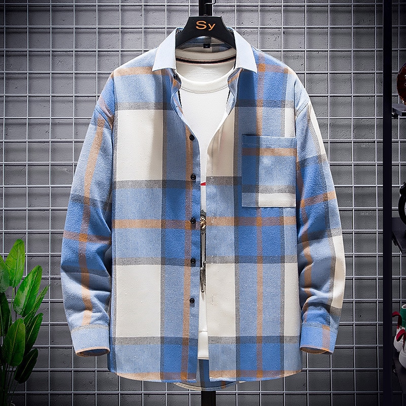 Men's Plaid Shirt Button Up Shirt Overshirt Plaid Outdoor Daily Yellow Red Blue Green Long Sleeve Lapel Spring &  Fall Clothing Apparel Pocket