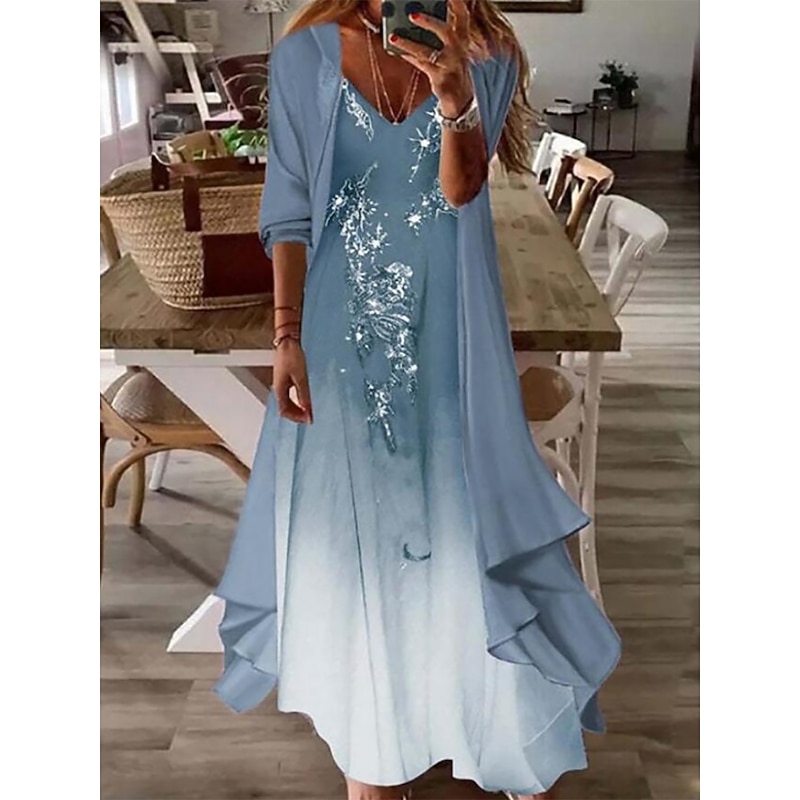 Women's Dress Set Casual Dress Print Dress Fashion Casual Floral Print Long Dress Maxi Dress 3/4 Length Sleeve V Neck Outdoor Vacation Pink Blue Sky Blue Summer Spring Regular Fit3