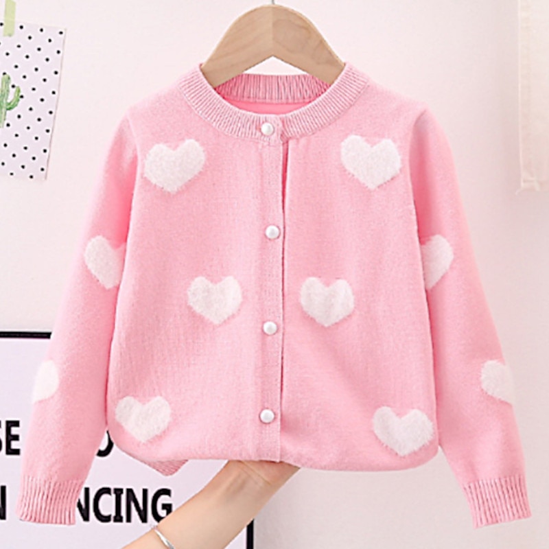 Kids Girls' Sweater Coat Heart Fashion Buttons Outdoor Coat Outerwear 2-8 Years Spring White Pink Red4