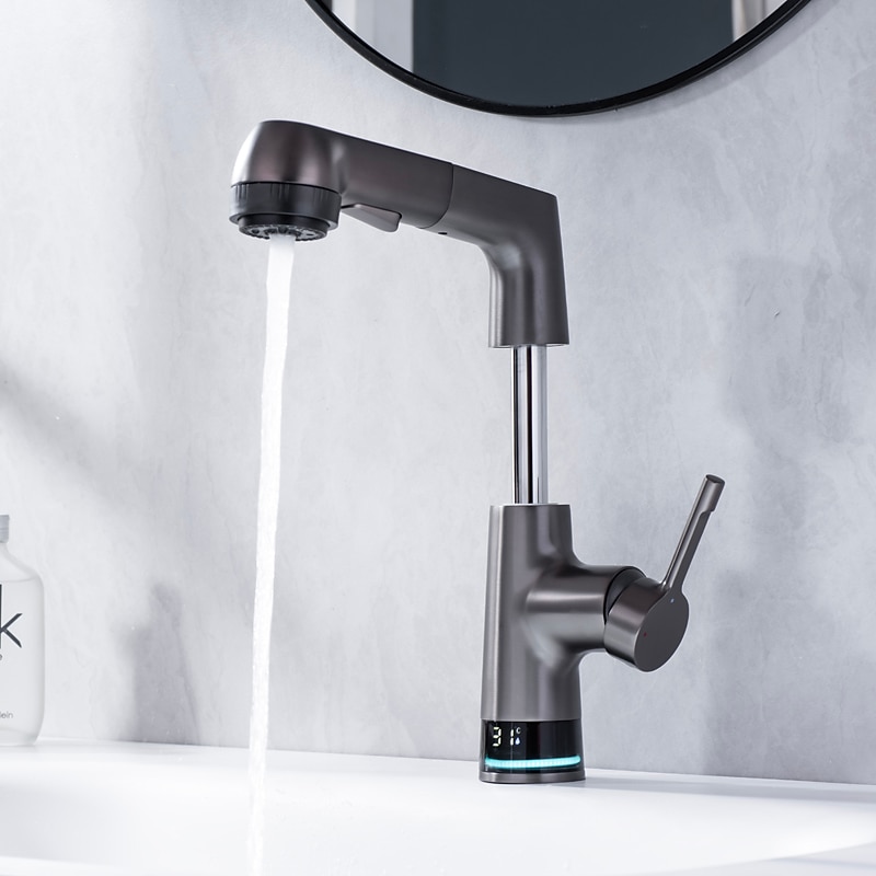 Bathroom Faucet LCD Digital Display Sink Mixer Basin Taps with Pull out Sprayer, Single Handle Liftable Spout Head 3 Mode, Brass Vessel Tap Washroom4