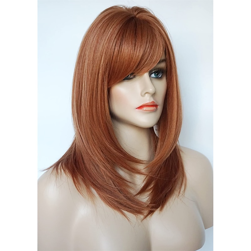 Medium Length wig for women Copper wig Ginger wig Layered wig with bangs Synthetic wig Highlight for white Women3