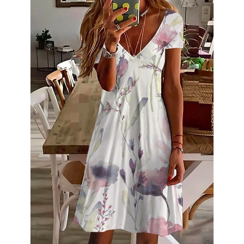 Women's Mini Dress Petite Dress T Shirt Dress Tee Dress Sundress Summer Dress Active Fashion Streetwear Outdoor Vacation Birthday Regular Fit Floral Short Sleeve V Neck Pink Blue Purple3