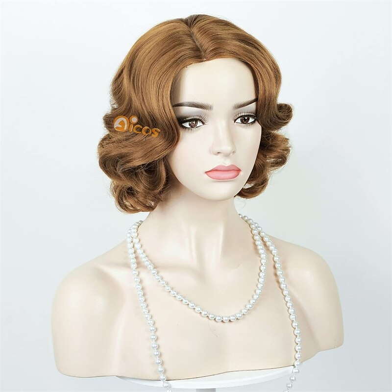 Brown 1920S Flapper Wavy Wig Finger Wavy Vintage Wig Side Parting 1960S Vintage Wig Curl Wavy Wig Cosplay Wig Platinum Wig Vintage Wig for Lady Costume Wig(Only Wigs) Halloween Wigs4