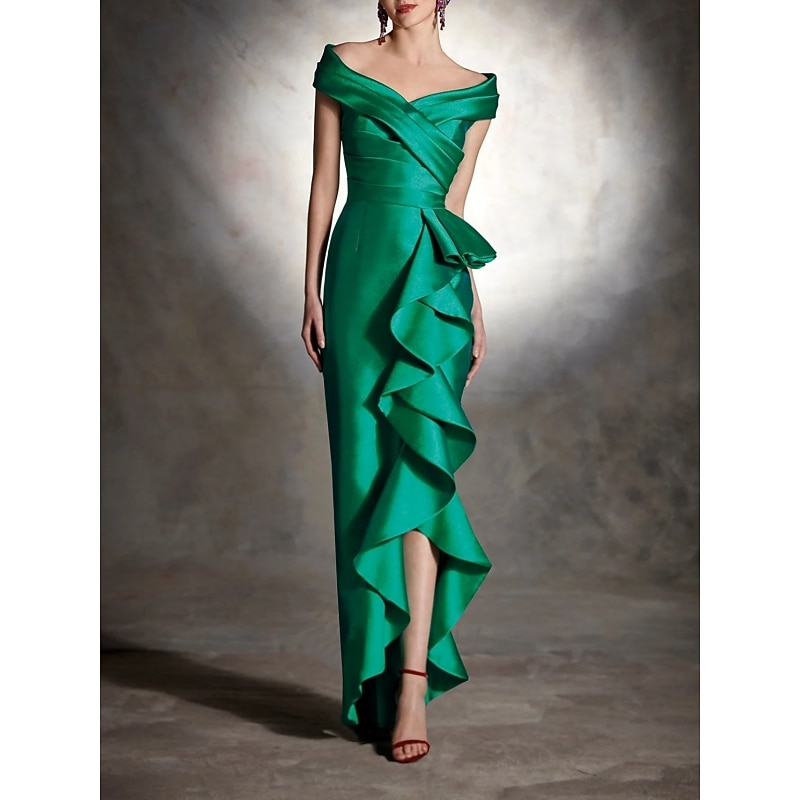 Sheath Cocktail Dresses Elegant Dress Formal Wedding Guest Asymmetrical Sleeveless Off Shoulder Satin with Ruffles Dresses