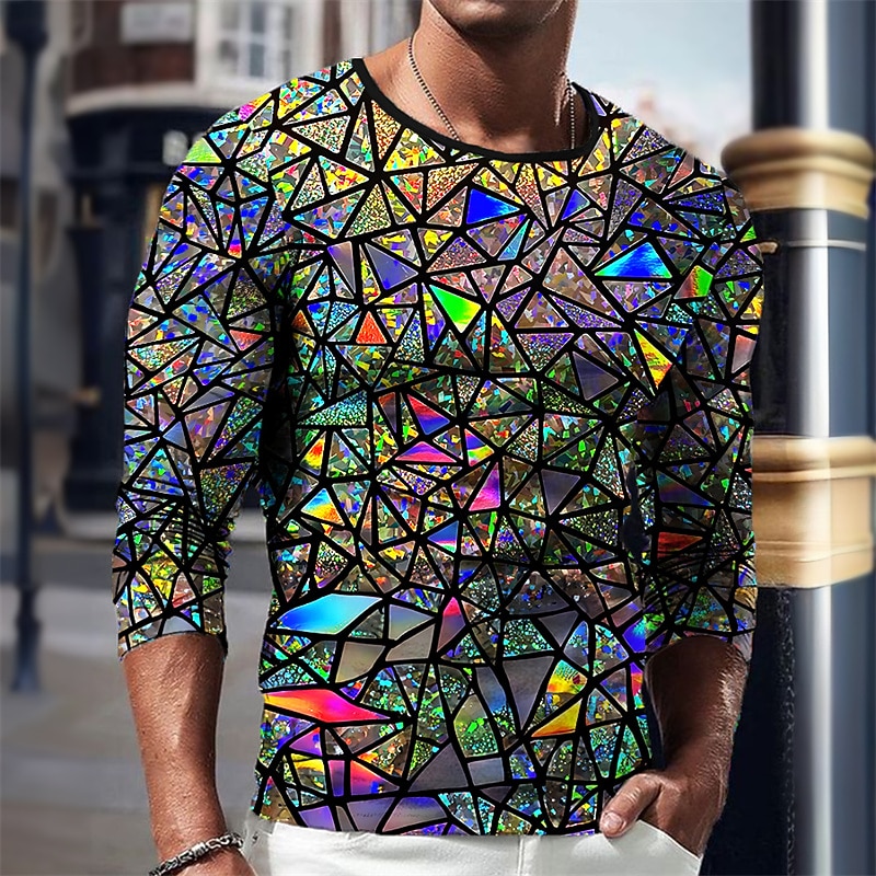 Men's Graphic Geometric T Shirt Long Sleeve T shirt 3D Print Crew Neck Shirt Vintage Fashion Designer Outdoor Daily Sports Royal Blue Blue Green Spring &  Fall Clothing Apparel S M L XL 2XL 3XL