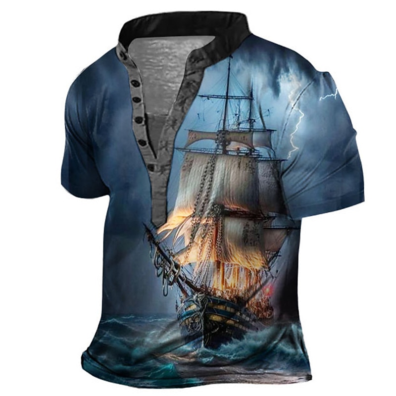 Men's Graphic Ship Henley Shirt Short Sleeve 3D Print Fashion Casual Comfortable Outdoor Daily Going out Summer Dark Brown Pink Red Navy Blue Blue Henley Henley T-Shirt
