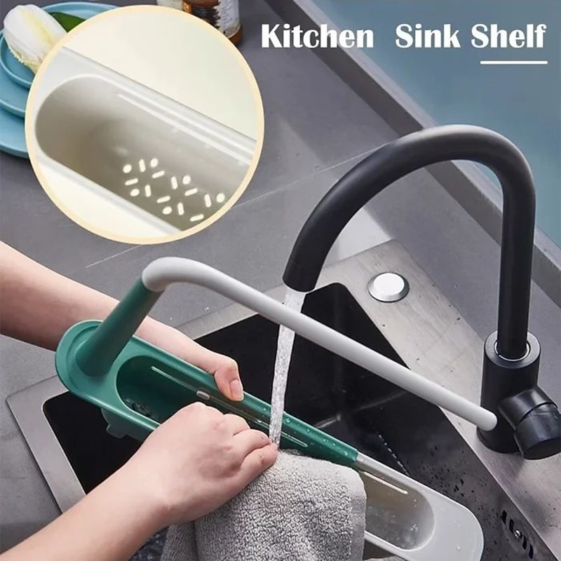 Multifunctional Kitchen Telescopic Rack Adjustable 2-in-1 Sink Organizer, Expandable Sink Basket, Sink Drain Rack, Sink Tray, Sponge Holder+Dish Cloth Hanger Random Color4