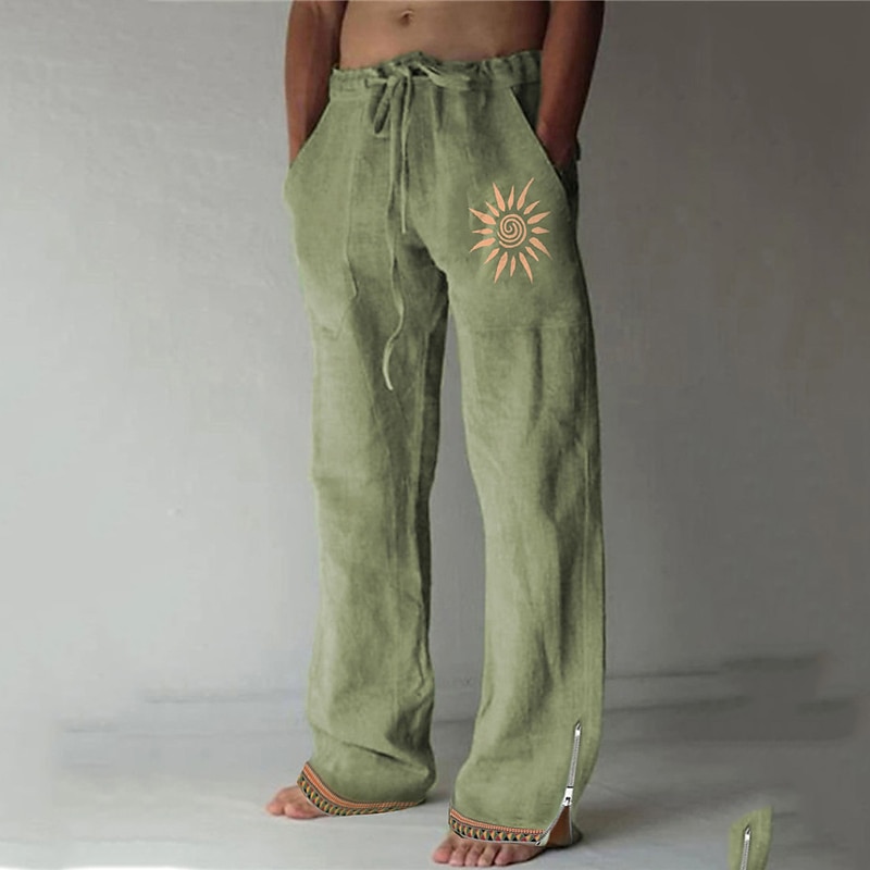 Men's Trousers Summer Pants Beach Pants Zipper Pocket Drawstring Sun Graphic Prints Comfort Casual Daily Holiday Vintage Ethnic Style Green Micro-elastic