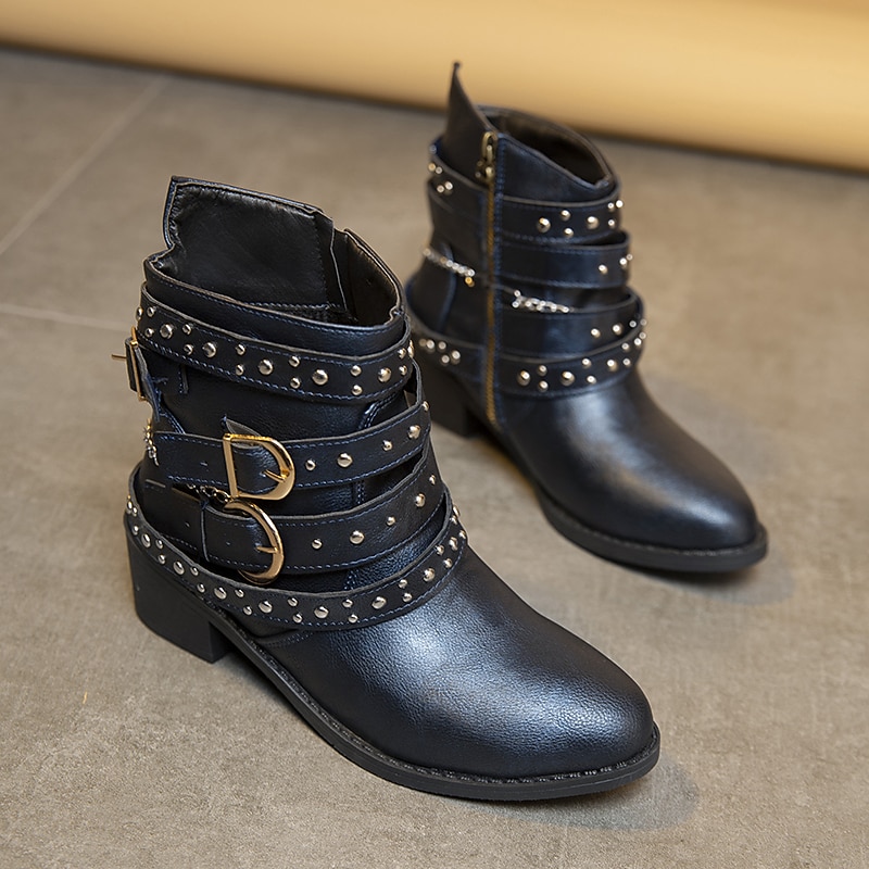 Women's Black Studded Ankle Boots with Multiple Buckle Straps - Edgy Design for Casual and Night Out Looks