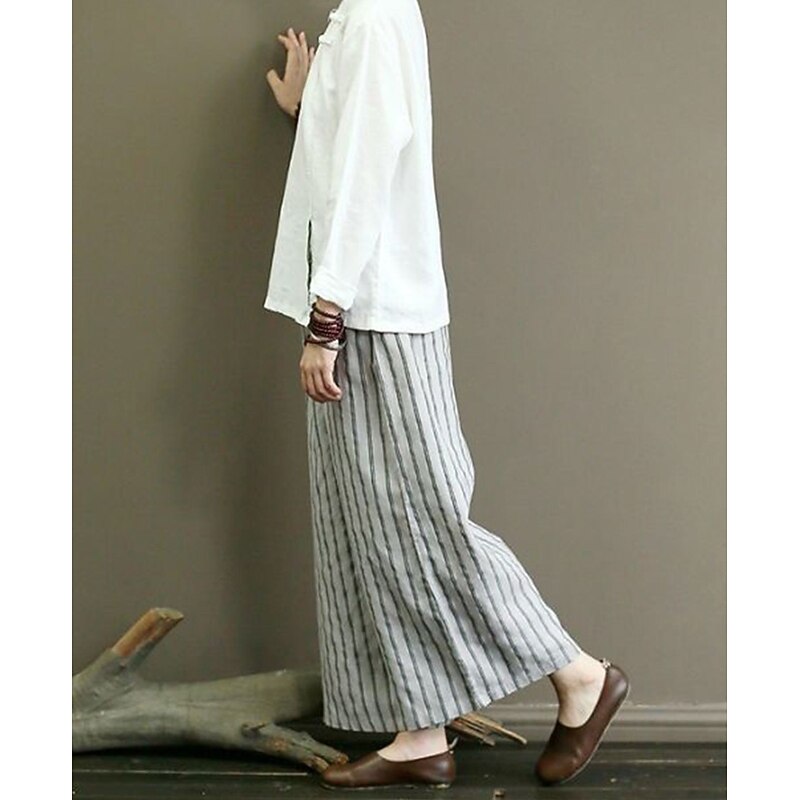 Women's Wide Leg Chinos Pants Trousers Vintage Fashion Lightweight Full Length Mid Waist Striped Pocket Elastic Waist Baggy Breathability Comfortable Micro-elastic Vacation Casual Daily Black White3