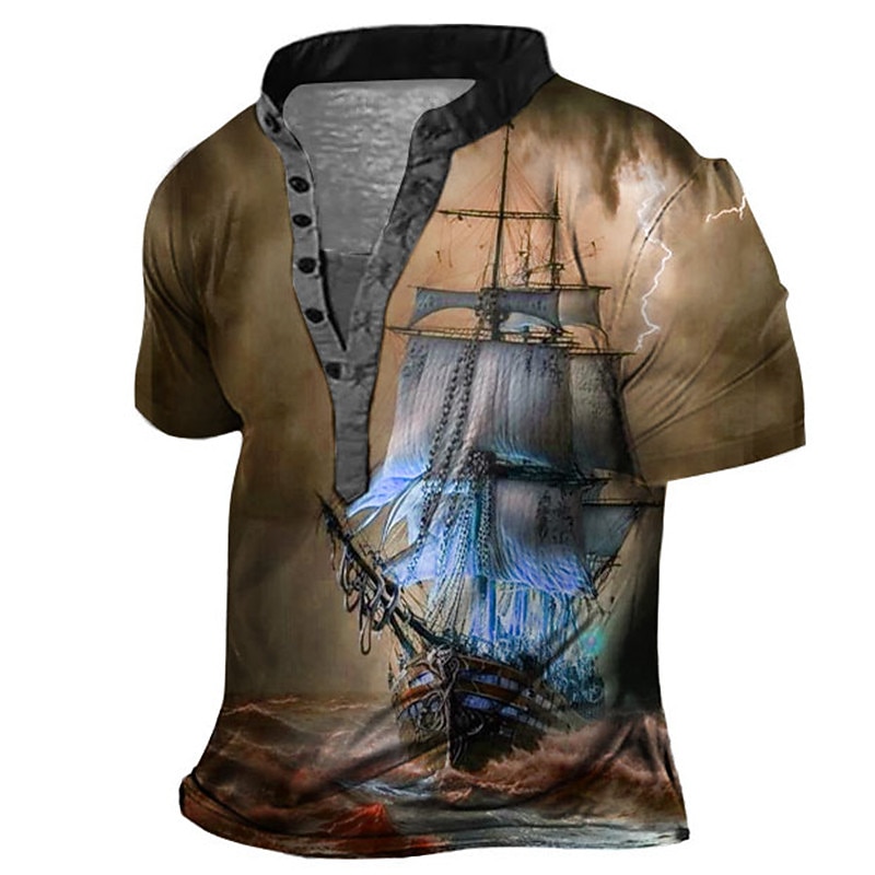 Men's Graphic Ship Henley Shirt Short Sleeve 3D Print Fashion Casual Comfortable Outdoor Daily Going out Summer Dark Brown Pink Red Navy Blue Blue Henley Henley T-Shirt4
