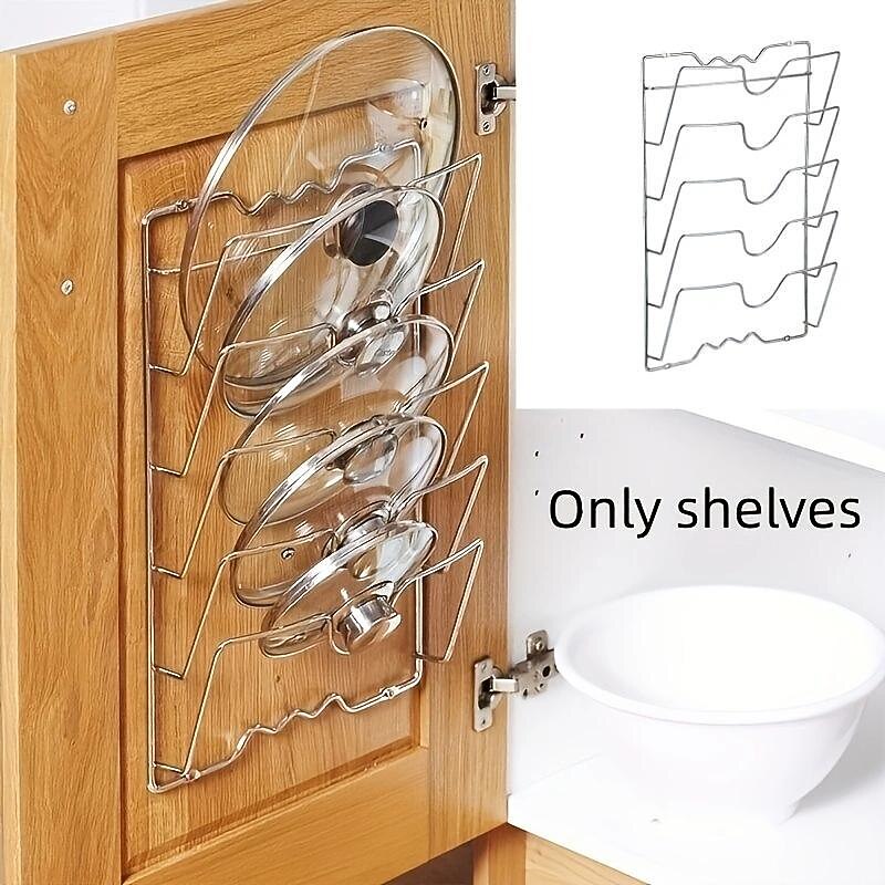 Space-Saving Metal Kitchen Rack - Multifunctional Wall-Mount Pot Lid & Cutting Board Holder, Step Shelf Design