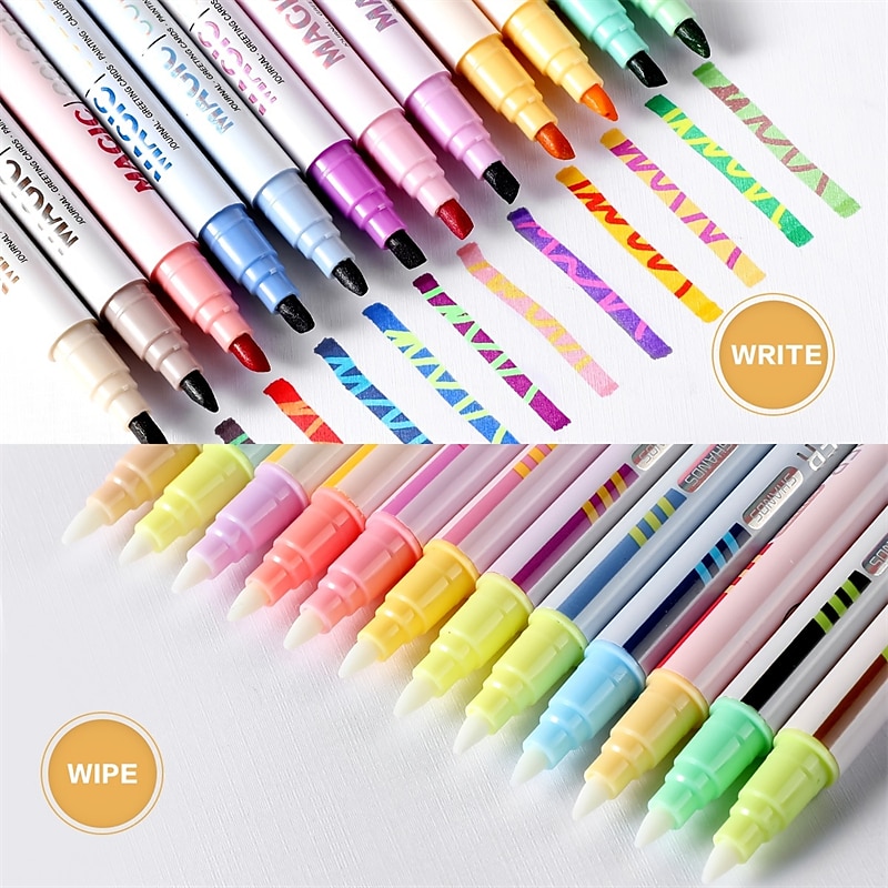 6/12pcs Magic Color Changing Highlighter Set, Double Tip Chisel Tip 12 Soft Colors Fluorescent Markers, Rainbow Pen Journal Cartoon DIY Notes Painting, Easter Decoration, Art Supplies3