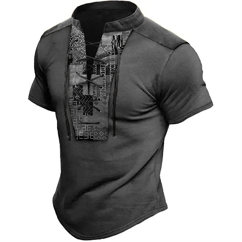 Men's T Shirt Graphic Color Block Stand Collar Clothing Apparel 3D Print Daily Sports Going out Short Sleeve Lace up Print Polyester Vintage Fashion Designer3