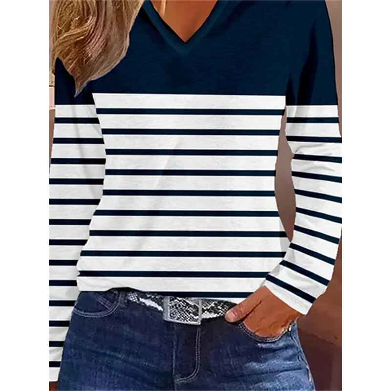 Women's T shirt Long Sleeve V Neck Long Sleeve Tunic Striped Basic Regular Tops Daily Weekend Print Navy Blue Fall & Winter Prefall3