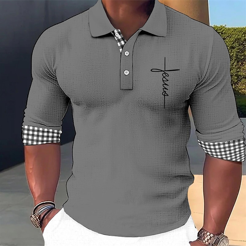 Men's Plaid Faith Hawaiian Polo Shirts Golf Shirt Long Sleeve Polo Shirts Collared Shirts Casual Beach Wear Vacation Wear Party Outfits 3D Print Buttons Blue-Green White Blue4