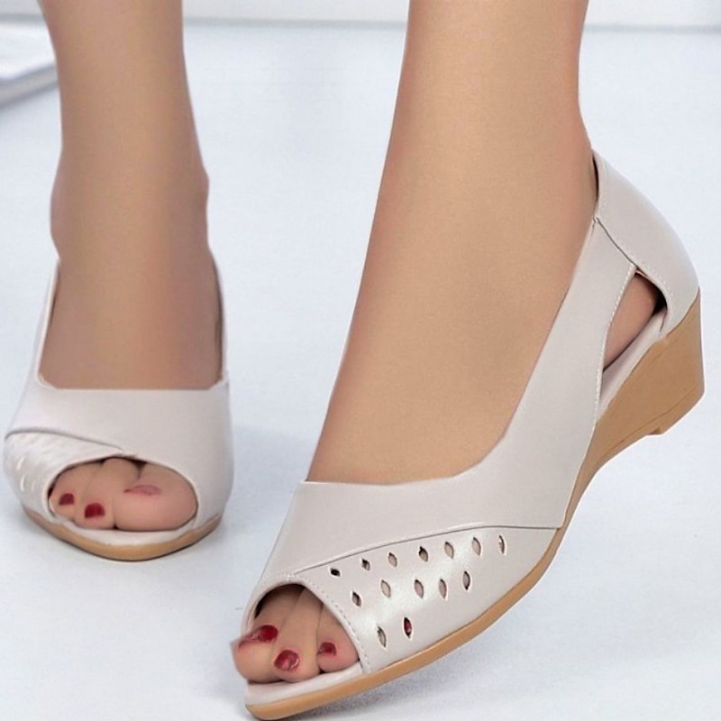 Women's White Peep-Toe Wedge Sandals with Cut-Out Design – Comfortable and Stylish Shoes for Casual Wear, Office, and Summer Outings3