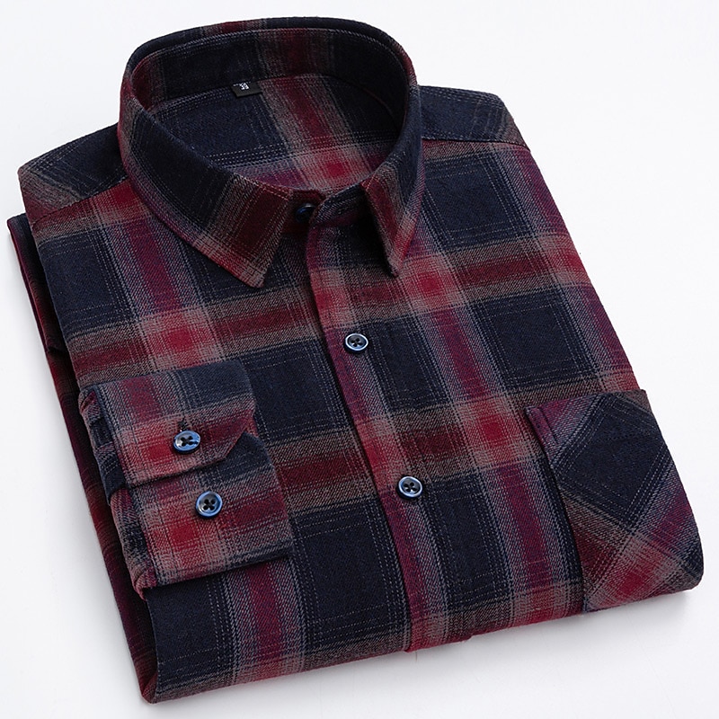 Men's Plaid / Striped / Chevron / Round Wedding Office & Career Dark Red Wine Red Dark Navy Long Sleeve Shirt Collar All Seasons Clothing Apparel Cross