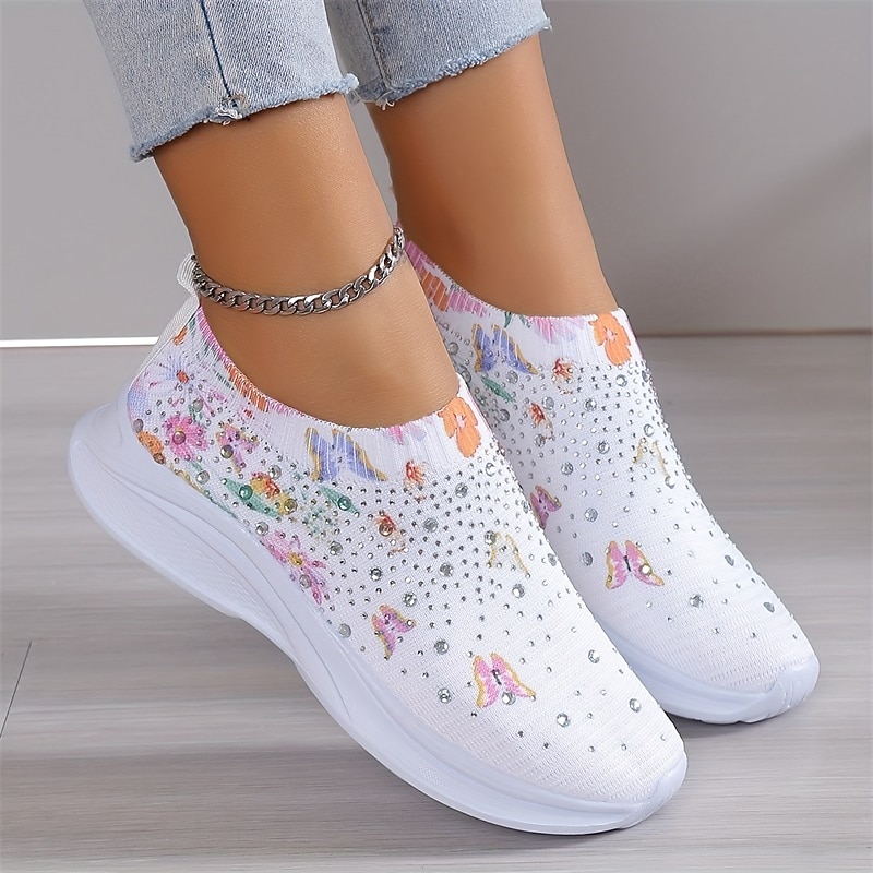 Women's White Slip-On Sneakers with Floral Print and Rhinestones for Casual Wear2