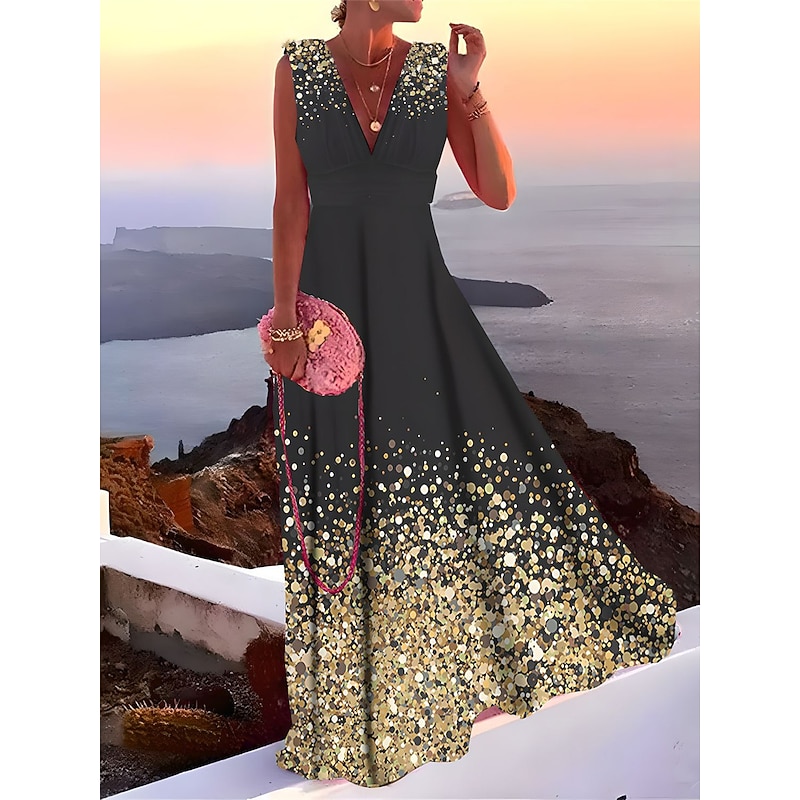 Women's Long Dress Maxi Dress Prom Dress Party Dress Wedding Guest Dress Swing Dress Fashion Party Mature Vacation Wedding Guest Special Occasion Regular Fit Ombre Sleeveless Deep V Silver Yellow