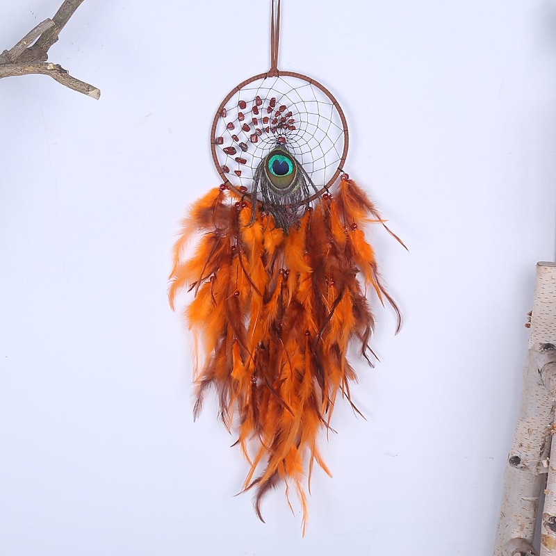 Orange Dream Catcher Handmade Gift with Feather Wall Hanging Decor Art Wind Chimes Boho Style Home Pendant 16x50cm / 6.3''x19.69''3