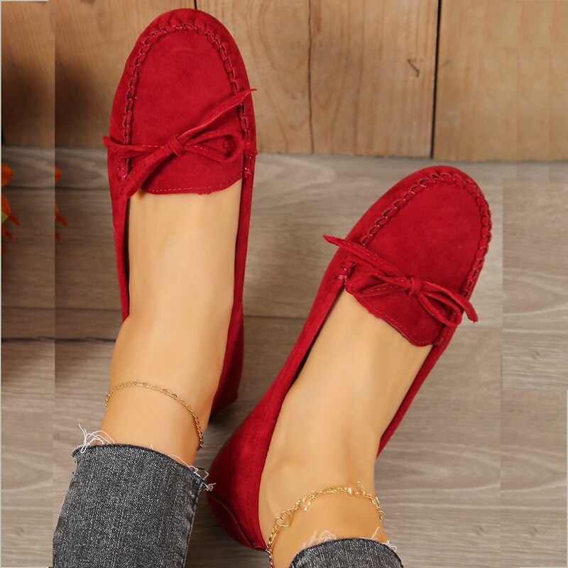 Women's Black Synthetic Leather Moccasin Flats with Bow Detail, Slip-On Casual Loafers for Daily Wear and Comfort 19