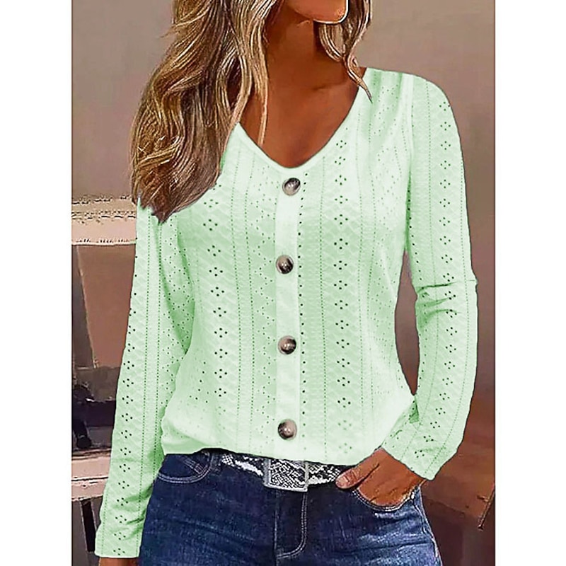 Women's White Elegant Lace Tops Eyelet Blouse Dressy Tops Fashion Basic Buttons Long Sleeve Regular Tops V Neck Casual Romantic Petite Tops Summer Holiday Wear White Light Green Light Blue Fall2