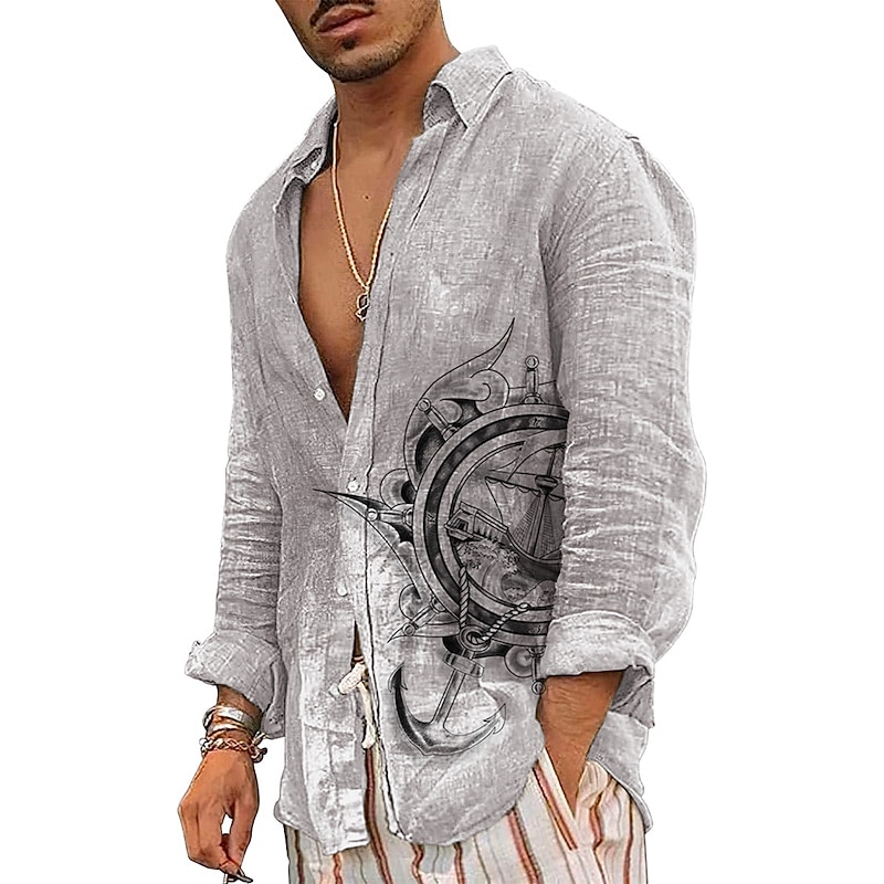Men's Nautical Vintage Totem Shirt Button Up Shirt Long Sleeve Fashion Streetwear Designer Outdoor Casual Daily Summer Spring Fall Turndown Print Green Khaki Gray3