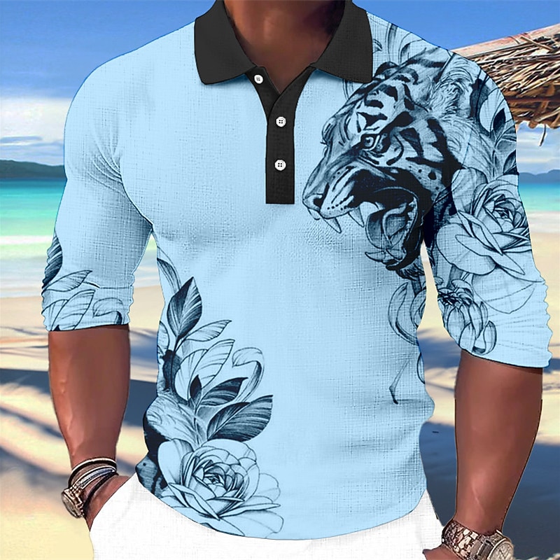Men's Tiger Hawaiian Polo Shirts Golf Shirt Long Sleeve Polo Shirts Collared Shirts Casual Funny Beach Wear Vacation Wear Party Outfits 3D Print Buttons White Pink Blue2