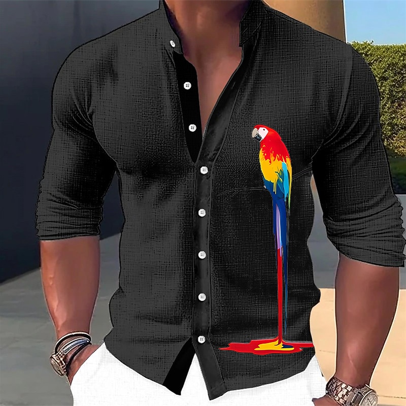 Men's Parrot Shirt Button Up Shirt Long Sleeve Fashion Streetwear Designer Outdoor Casual Daily Summer Spring Fall Stand Collar Print Black White Blue Green Khaki3