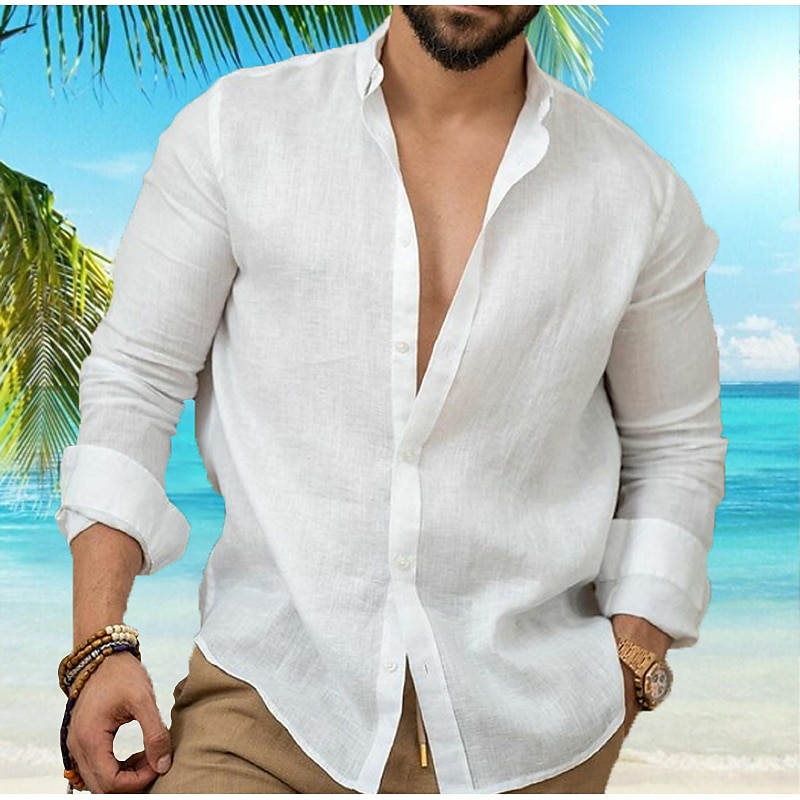 Men's Linen Shirt Summer Shirt Beach Wear Casual Shirt Button Up Shirt Untucked Shirts Plain Vacation Casual Black White Pink Navy Blue Long Sleeve Lapel Spring & Summer Clothing Apparel2
