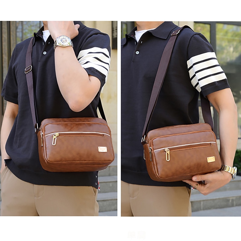 Men's Crossbody Bag Shoulder Bag Satchel Messenger Bag PU Leather Outdoor Daily Zipper Large Capacity Lightweight Durable Solid Color dark brown Yellow brown Black2