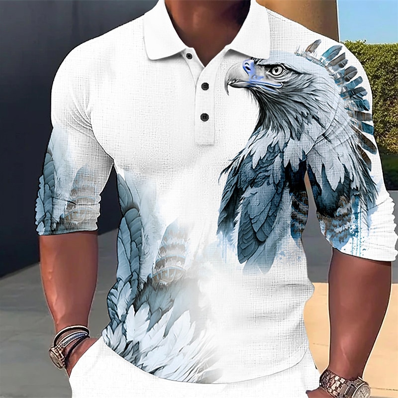 Men's Eagle Polo Shirts Golf Shirt Long Sleeve Polo Shirts Collared Shirts Casual Funny Streetwear Vacation Wear Party Outfits 3D Print Buttons Yellow Blue Purple2