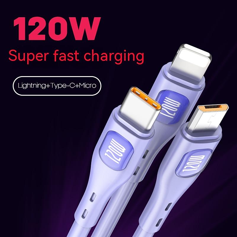 3 In 1 Design For Mac 120W USB C Multi Fast Charging Cable 3in1 Multiple Phone Charger Cable USB C Multi Cable With Type C/Micro USB/IP For Samsung S23 S22 S21 For IPhone 14 13 12 11 X XS 8 7 Pad3
