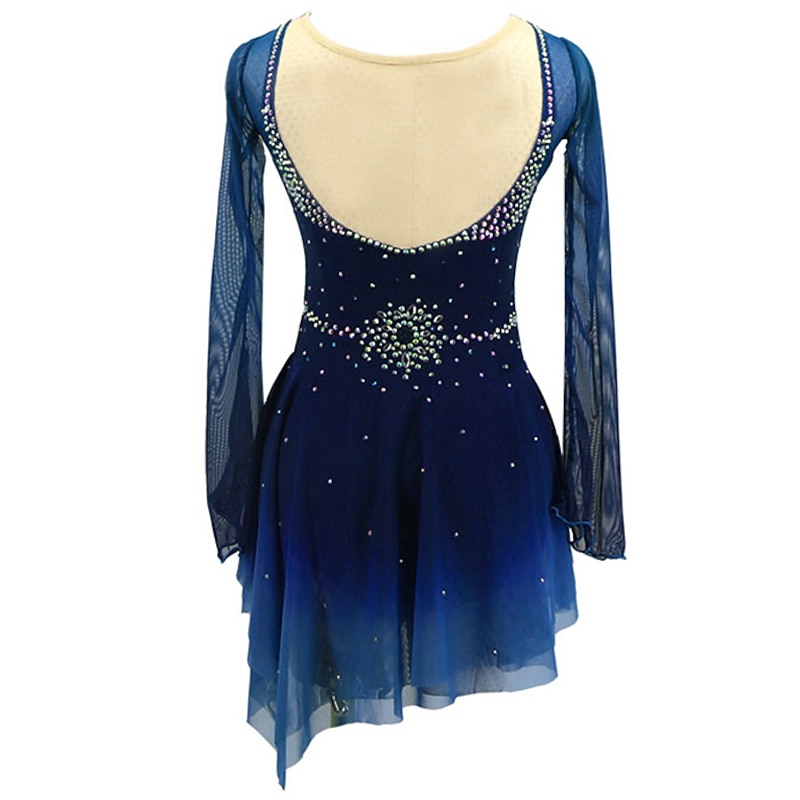 Figure Skating Dress Women's Girls' Ice Skating Dress Dark Green Asymmetric Hem Mesh Spandex High Elasticity Training Practice Competition Skating Wear Handmade Crystal / Rhinestone Long Sleeve Ice3